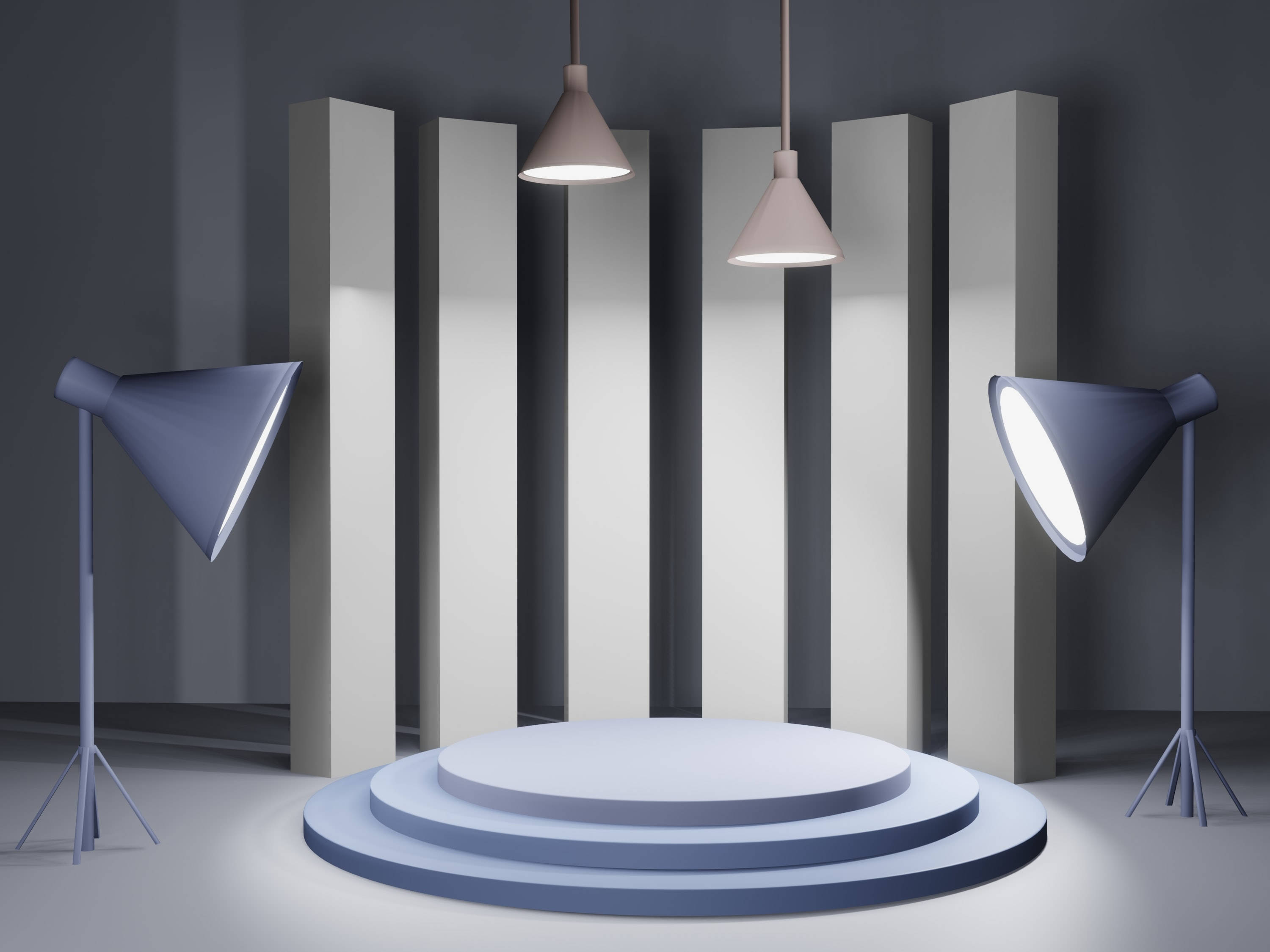 gray vertical panels, circular blue podium, hanging lamps, 2K Desktop Wallpaper