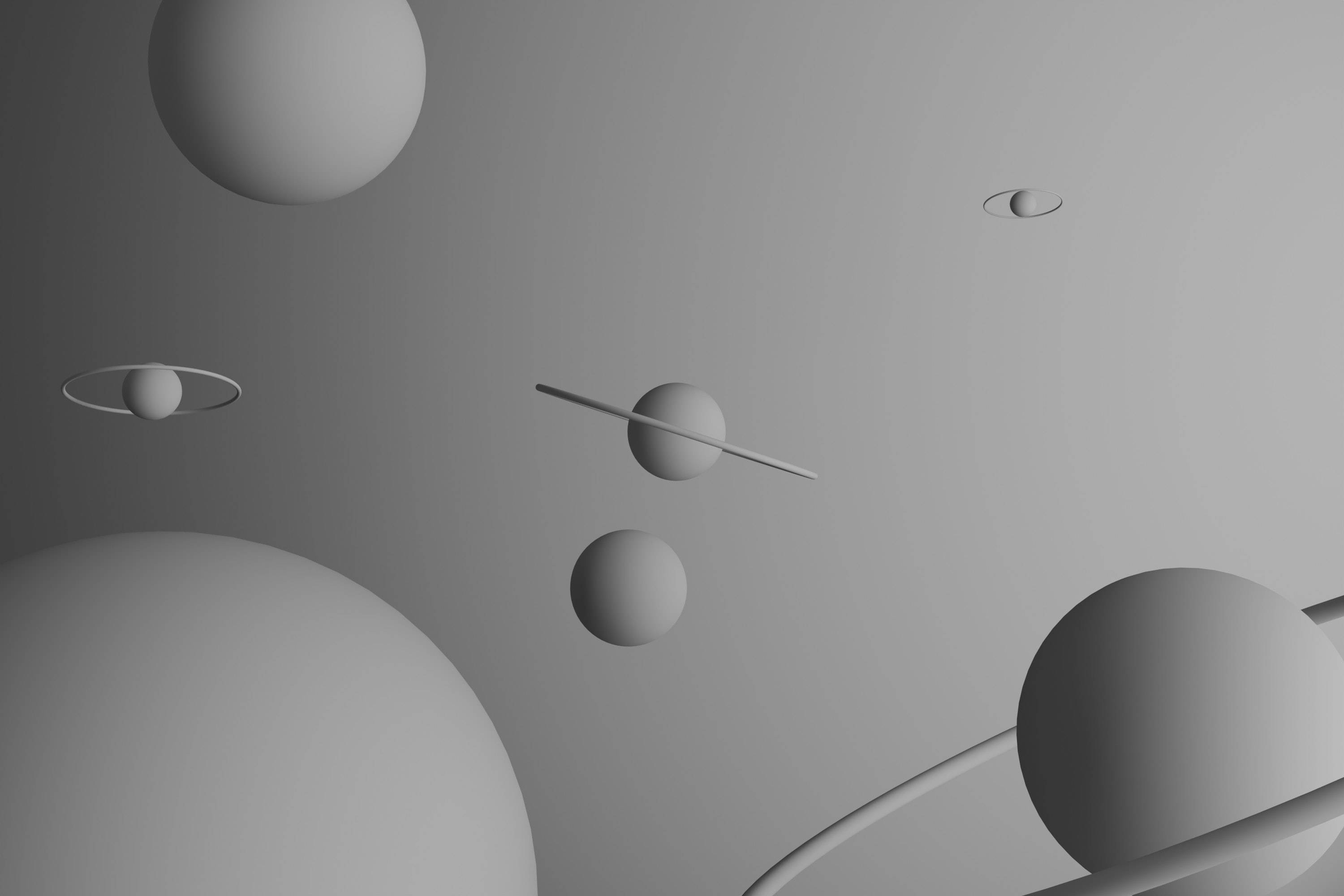 light grey planets, animated desktop, floating minimalist spheres, 2K Desktop Wallpaper