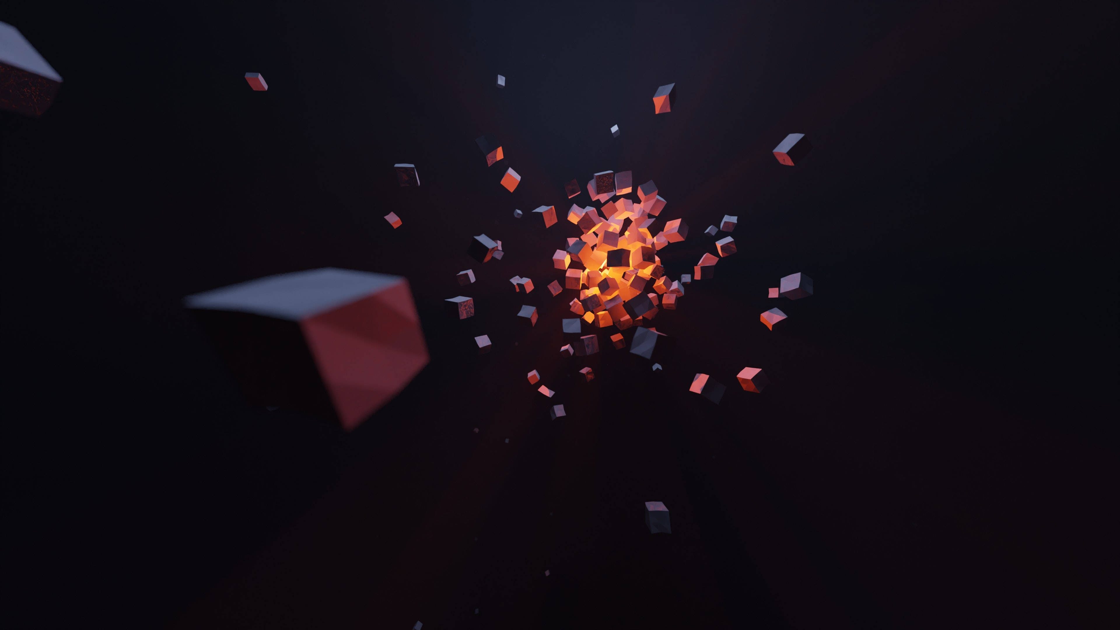 Explosion 3D Animated Desktop, glowing orange cube, floating red and gray fragments, 4K Desktop Wallpaper