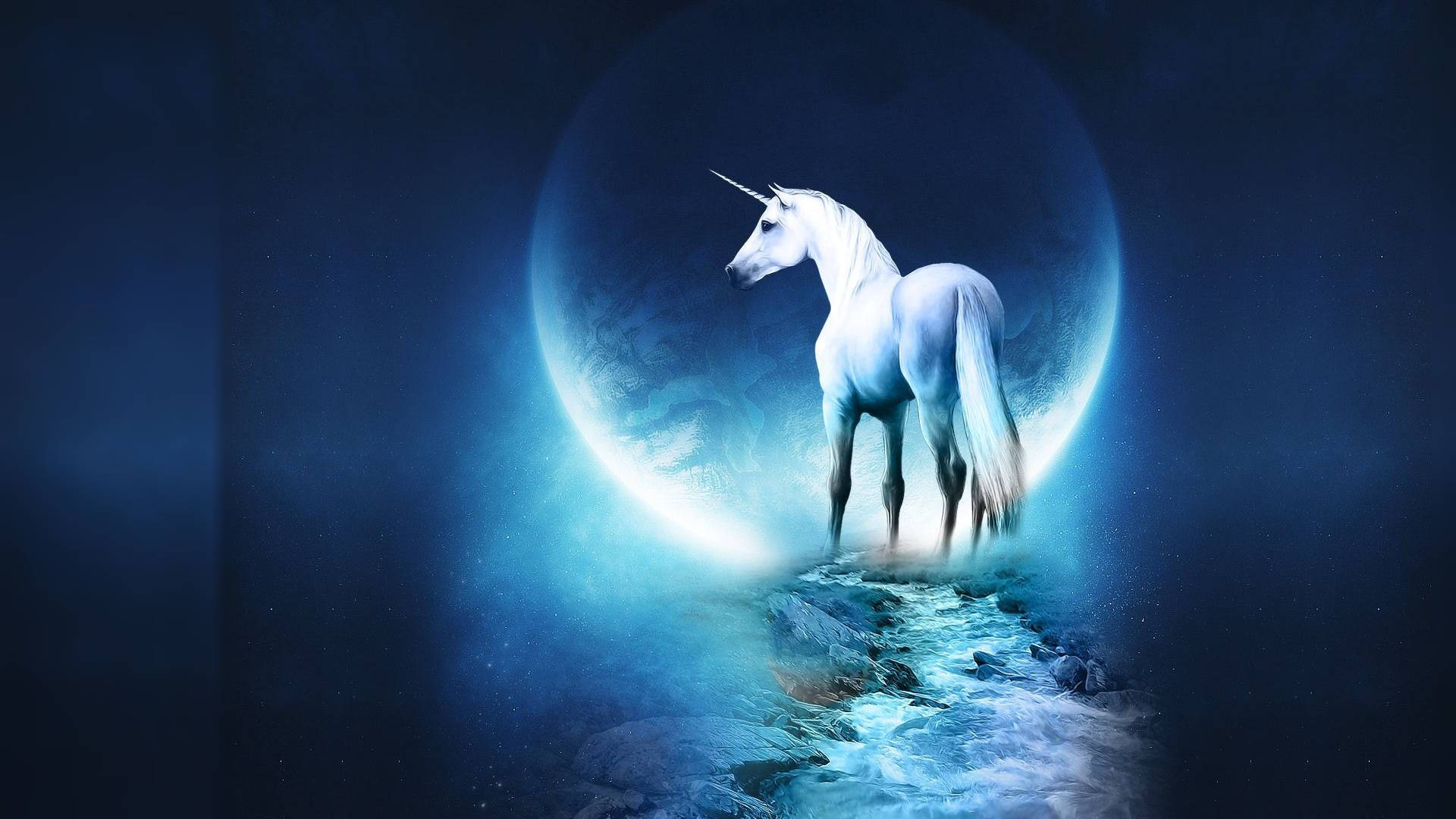 white unicorn, luminous crescent moon, glowing blue path, Full HD Desktop Wallpaper