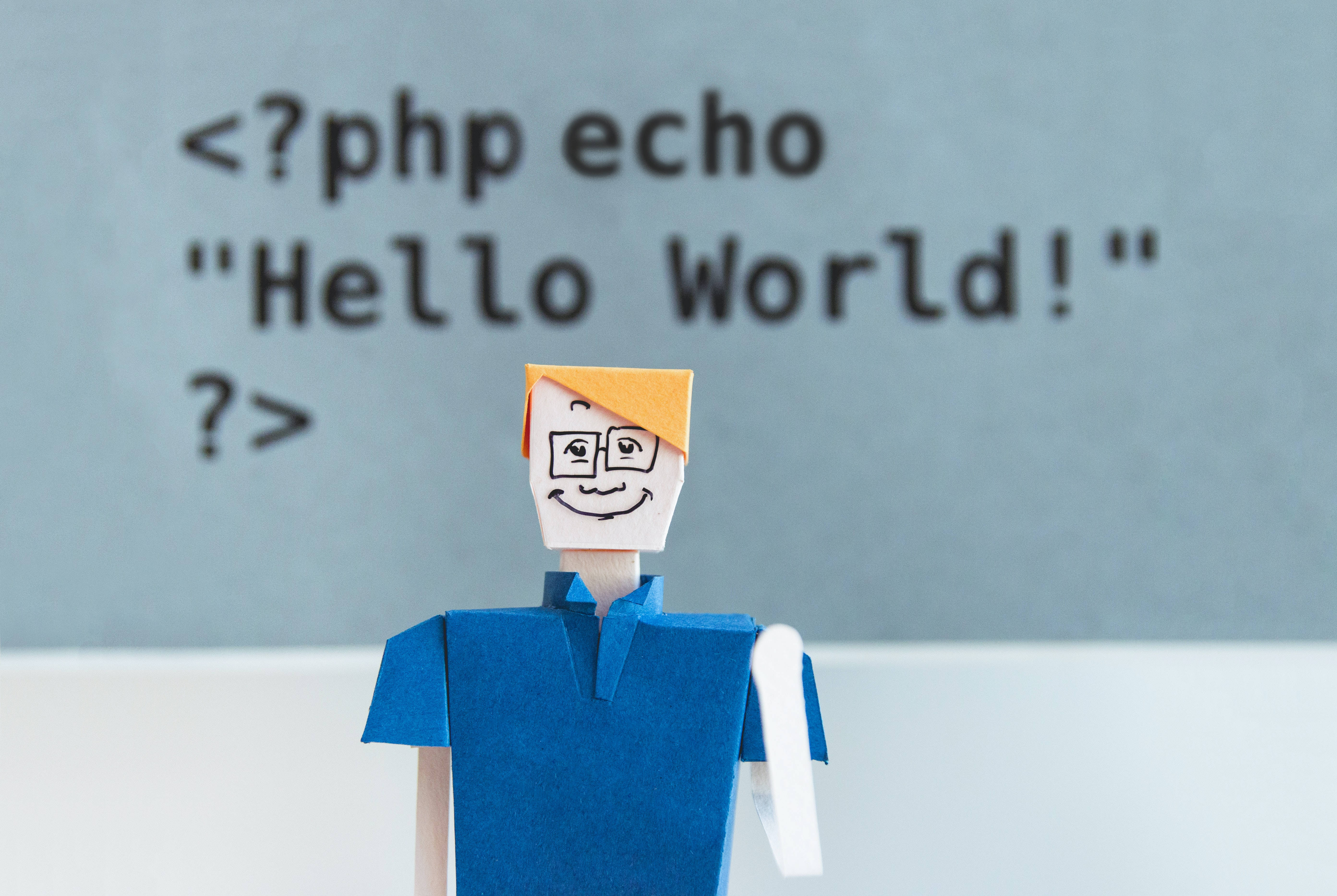 Hello World Man, programmer figurine, PHP 'Hello World' code snippet, 5K Desktop Wallpaper