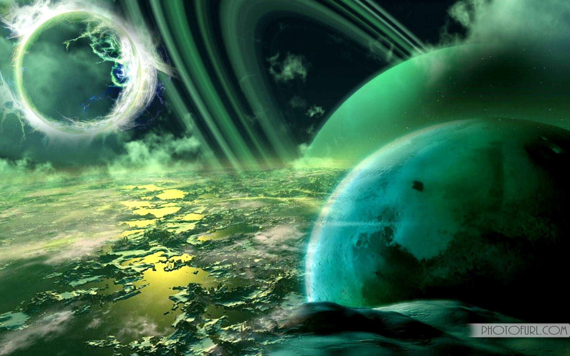 Planets, Outer Space, Glowing Green Planets, Full HD Desktop Wallpaper