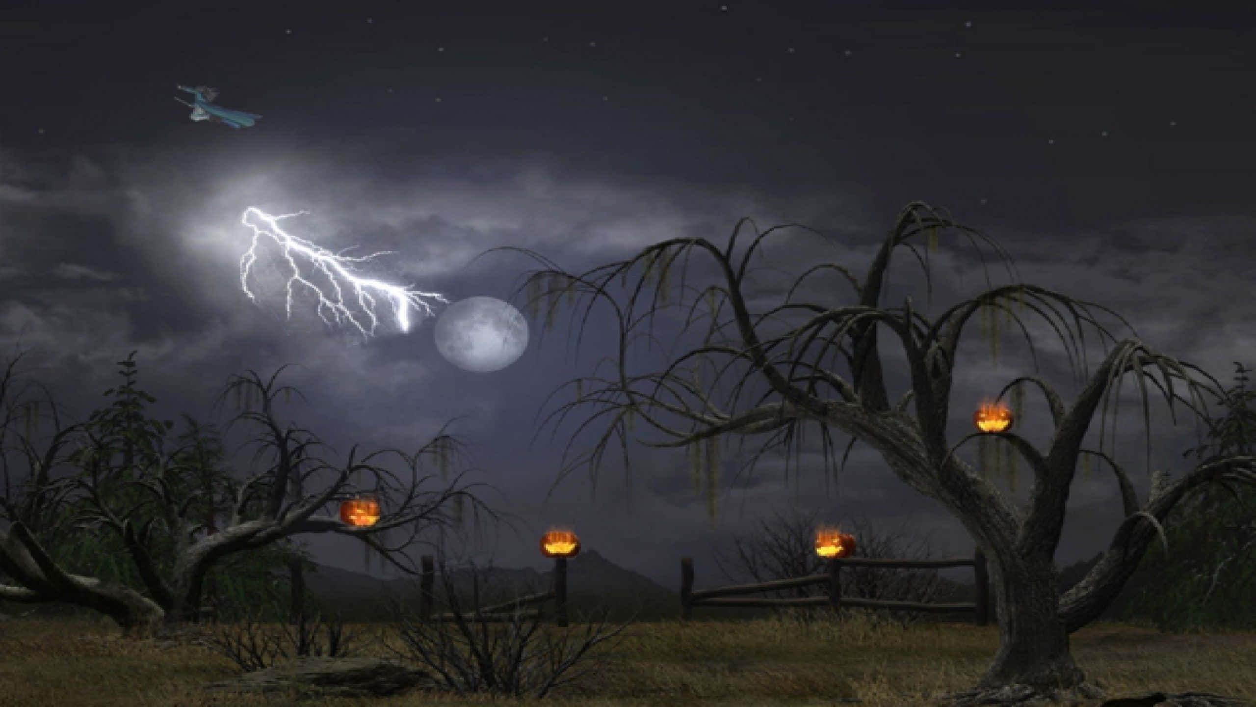 Animated Halloween, Dark Trees, full moon, 2K Desktop Wallpaper