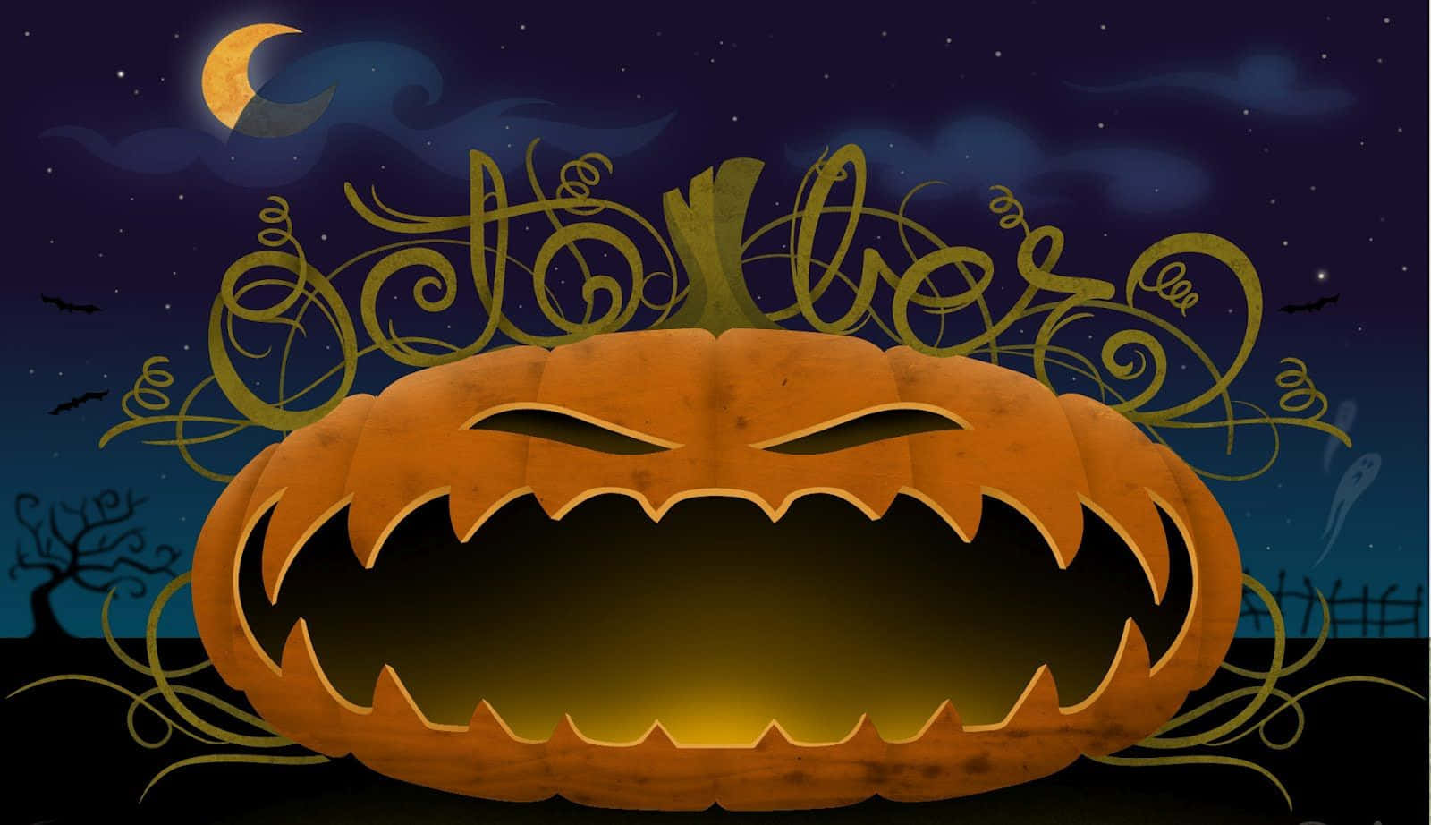 jack-o'-lantern, spooky Halloween night, crescent moon, HD Desktop Wallpaper