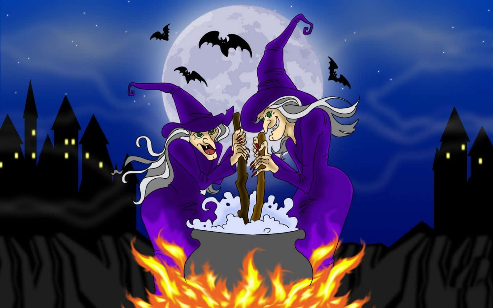 animated halloween, cartoon witches, purple robes, HD Desktop Wallpaper