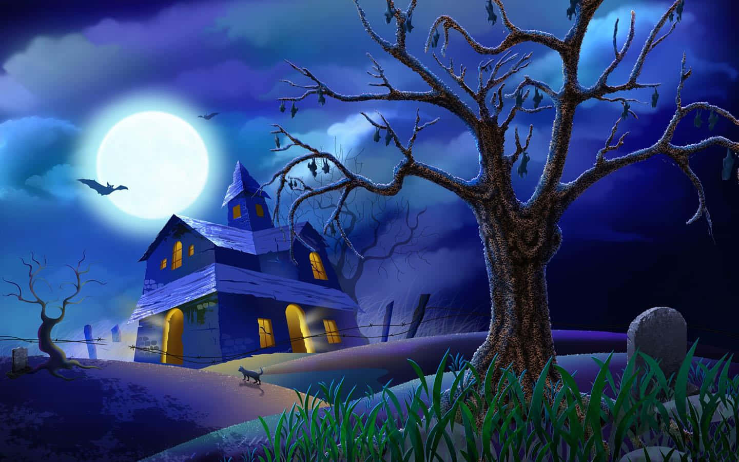 Animated Halloween, haunted house, full moon, HD Desktop Wallpaper