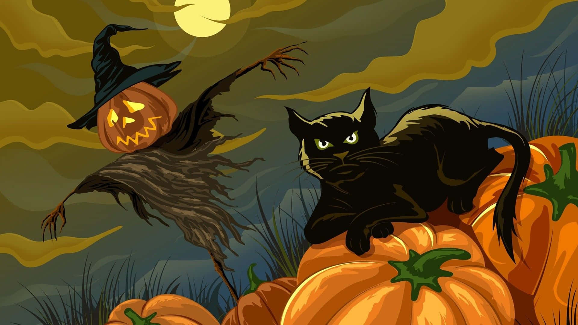 Animated Halloween, black cat, pumpkins, Full HD Desktop Wallpaper