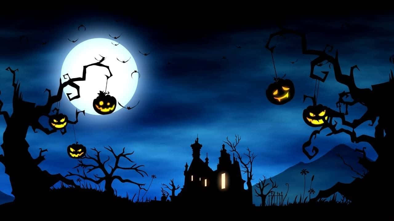 Halloween, glowing jack-o'-lanterns, twisted trees, HD Desktop Wallpaper