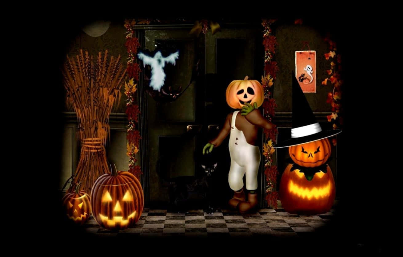 spooky Halloween, glowing jack-o'-lanterns, ghostly figure, HD Desktop Wallpaper