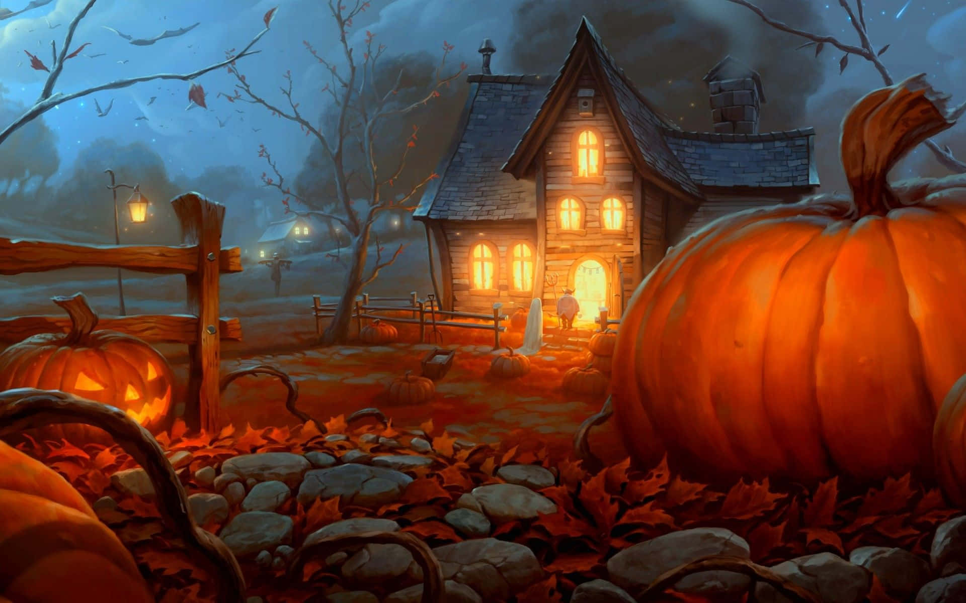 Animated Halloween, glowing haunted house, giant pumpkins, Full HD Desktop Wallpaper