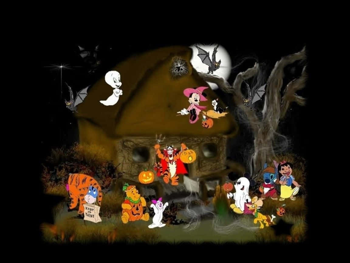 spooky haunted house, full moon, classic cartoon characters, SD Desktop Wallpaper