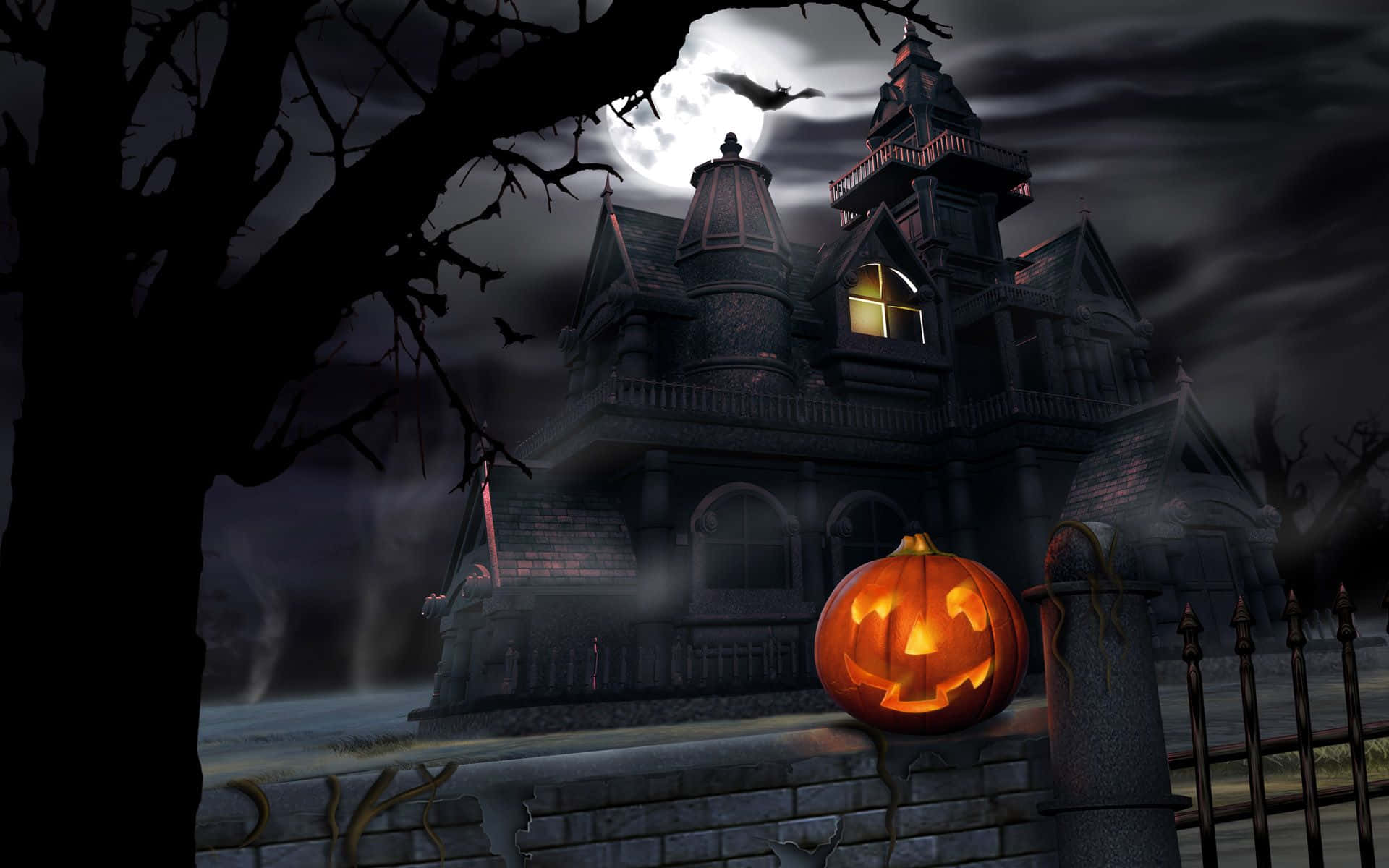 jack-o-lantern, haunted mansion, full moon, Full HD Desktop Wallpaper