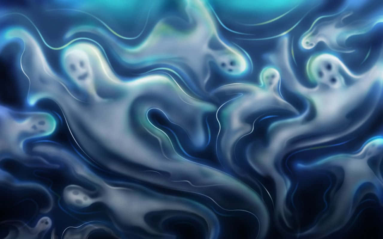 spooky Halloween, ghostly figures, swirling blue and teal liquid light, HD Desktop Wallpaper