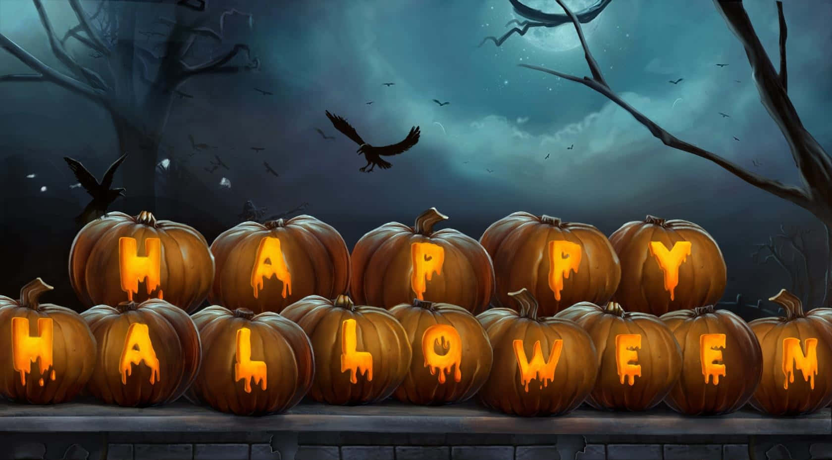 jack-o'-lanterns, dark eerie sky, flying bats, HD Desktop Wallpaper