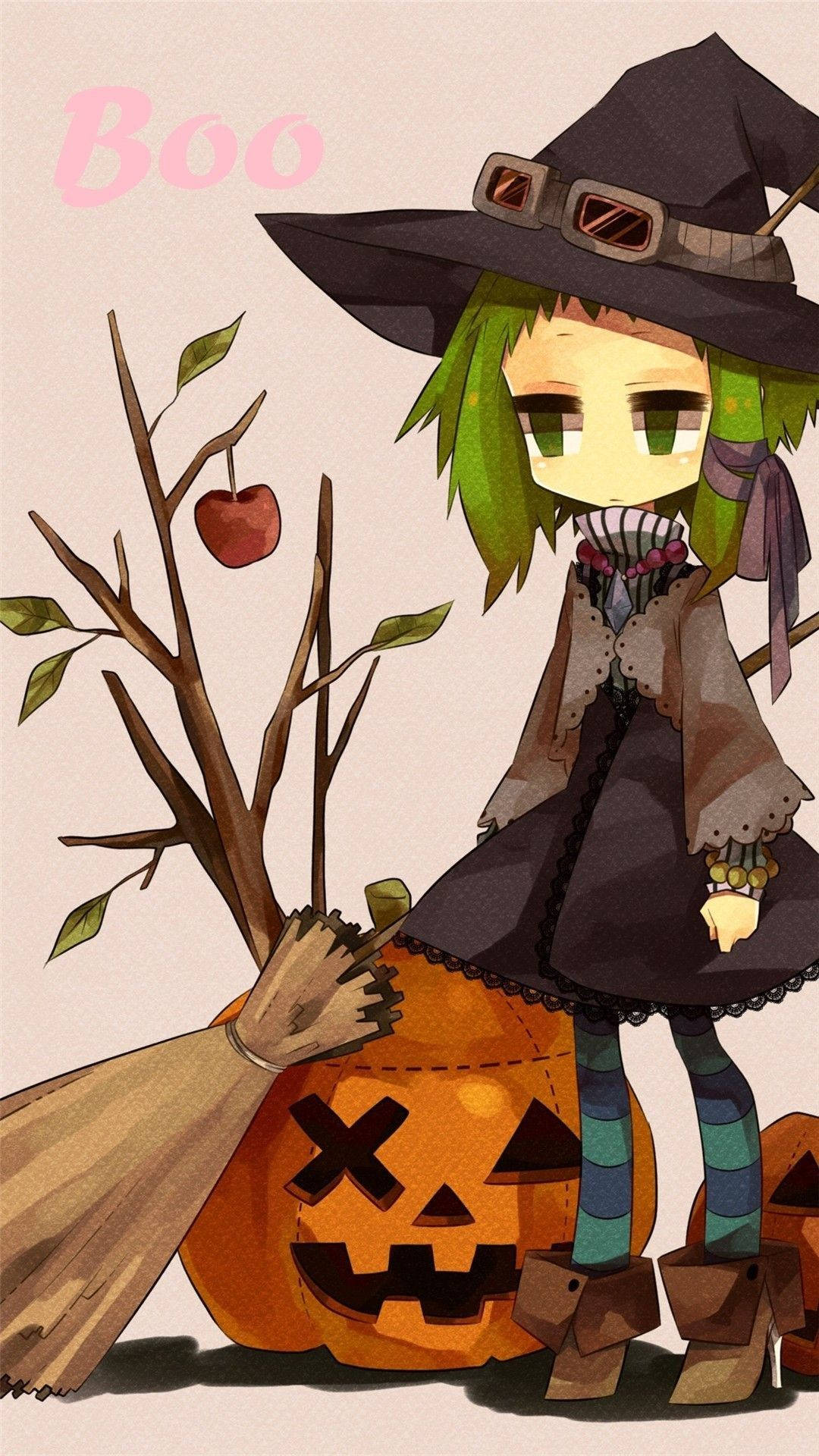 chibi witch, green hair, goggles, Full HD Phone Wallpaper