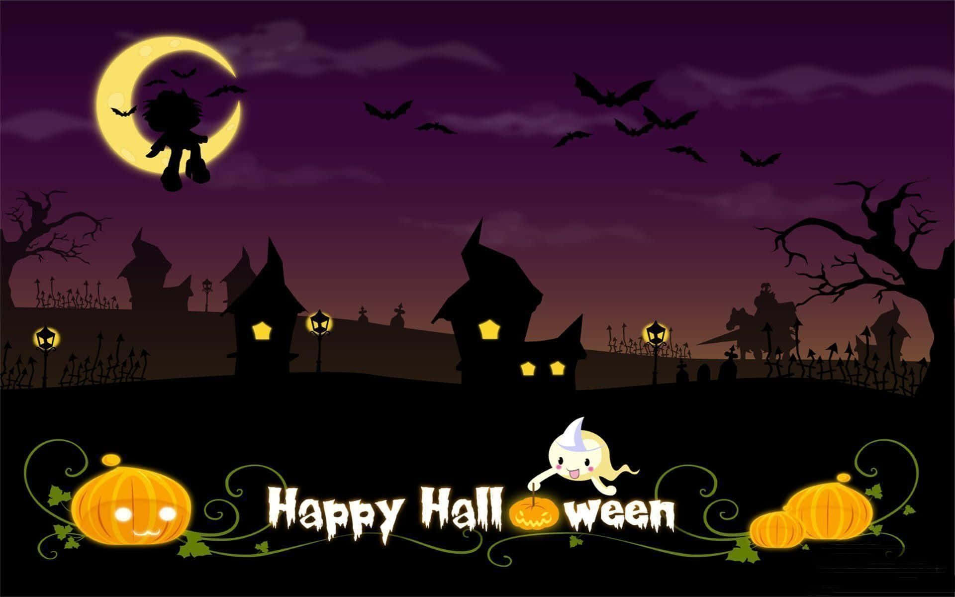Animated Halloween, crescent moon, bats, Full HD Desktop Wallpaper