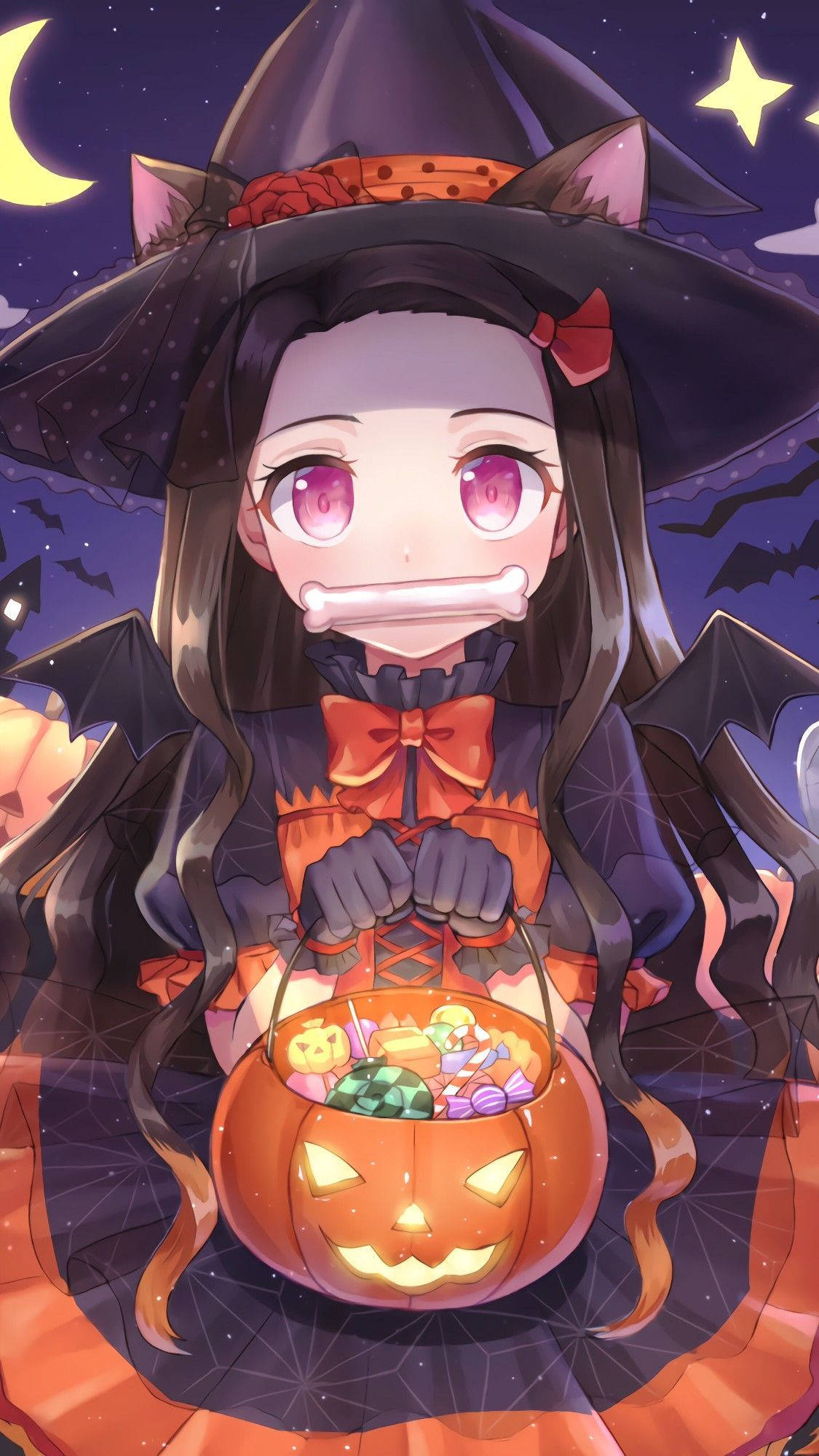 anime witch, pink eyes, bone mouth, Full HD Phone Wallpaper