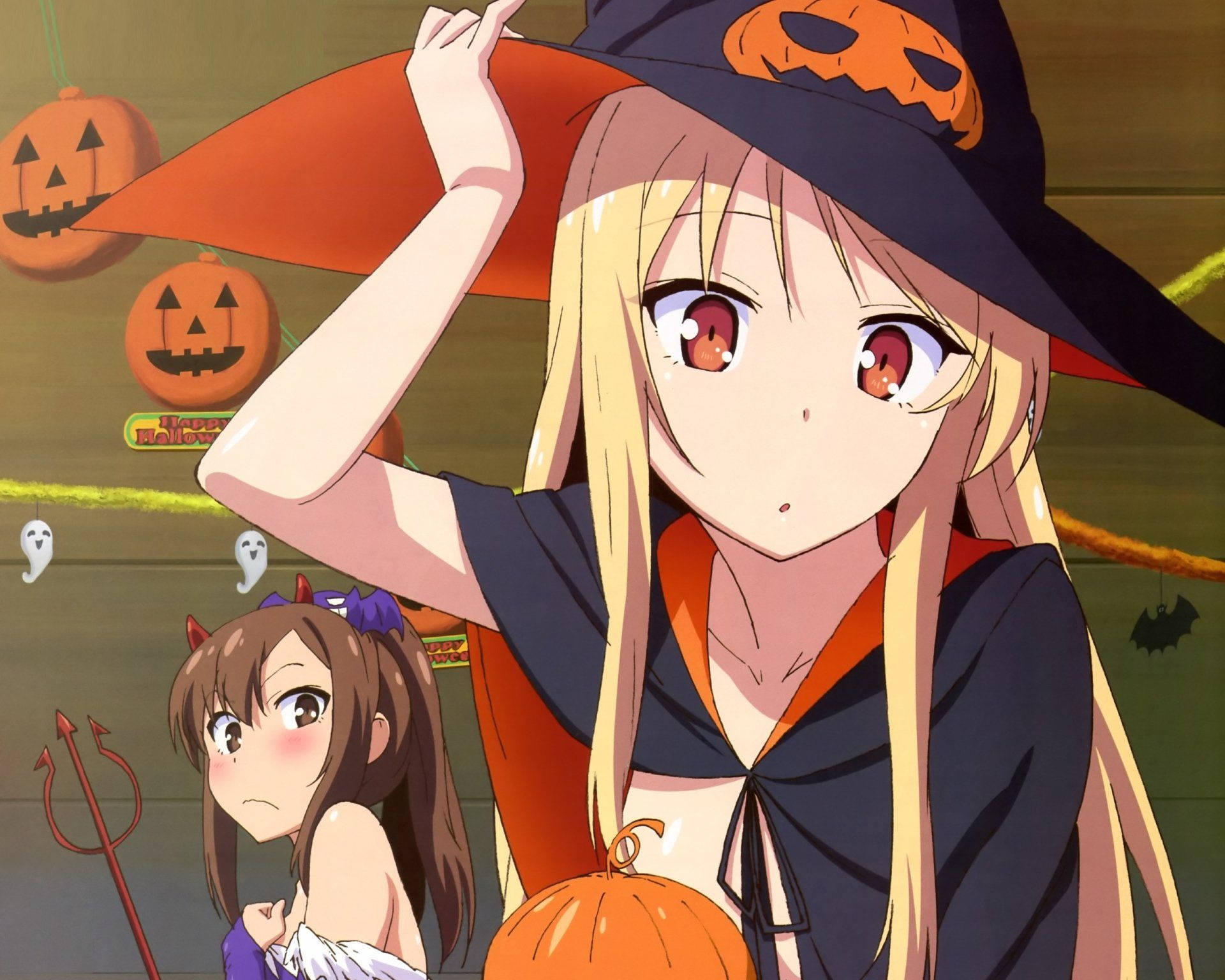 anime witch, pumpkin hat, pumpkin, Full HD Desktop Wallpaper