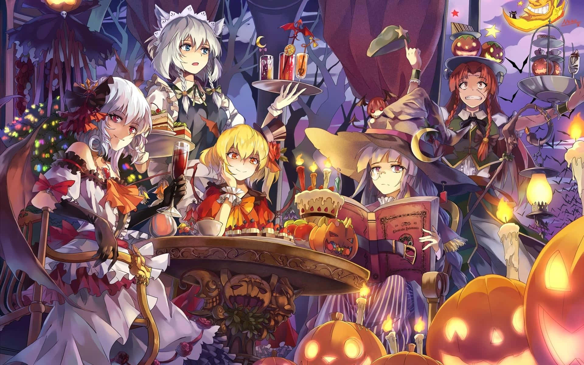 Halloween, anime girl, orange and black Halloween costume, Full HD Desktop Wallpaper