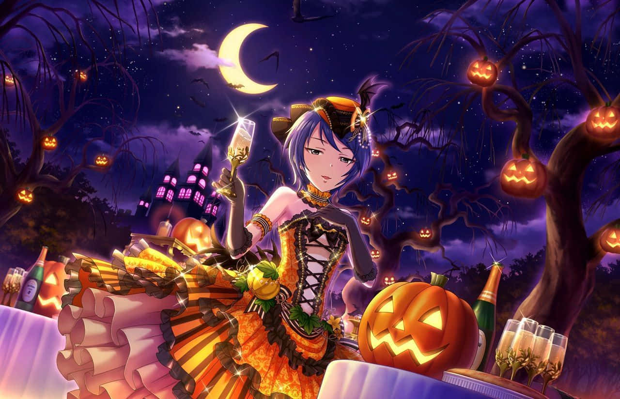 purple-haired anime girl, orange Halloween dress, champagne flute, HD Desktop Wallpaper