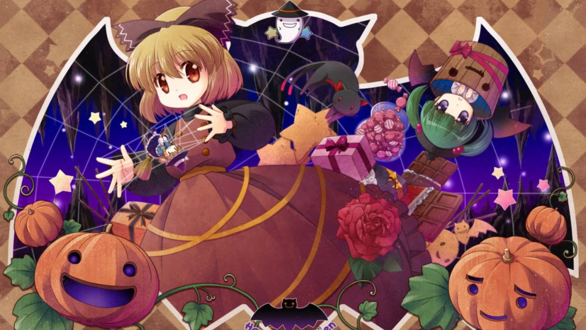 anime witch, smiling pumpkins, roses, Full HD Desktop Wallpaper