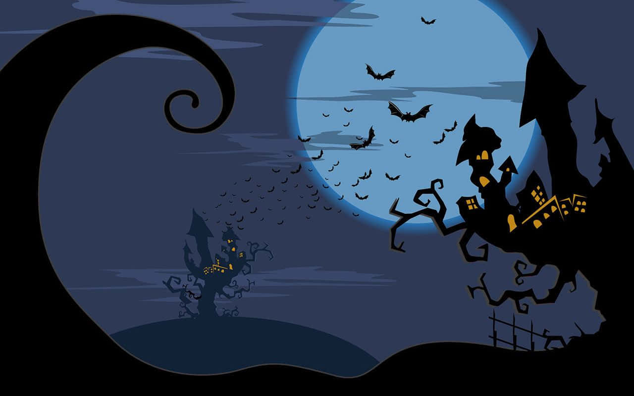 Halloween night scene, silhouetted haunted houses, bats flying, HD Desktop Wallpaper