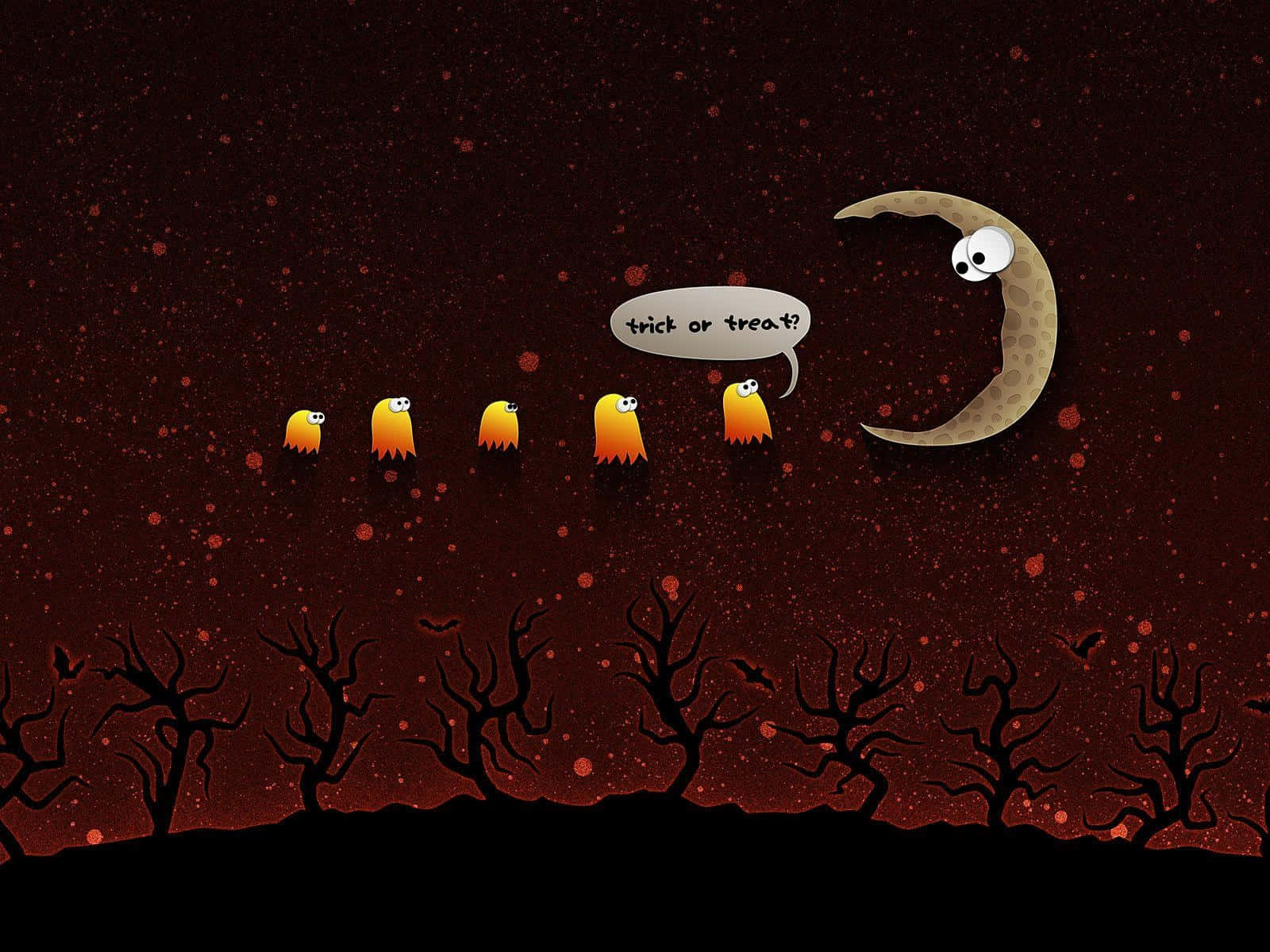 orange ghosts, crescent moon, dark red starry sky, HD Desktop Wallpaper