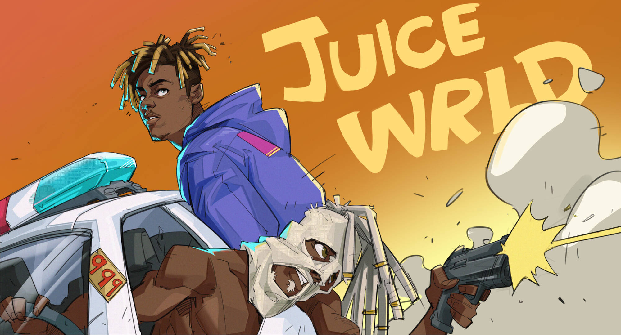Juice WRLD, police car, masked figure, Full HD Desktop Wallpaper