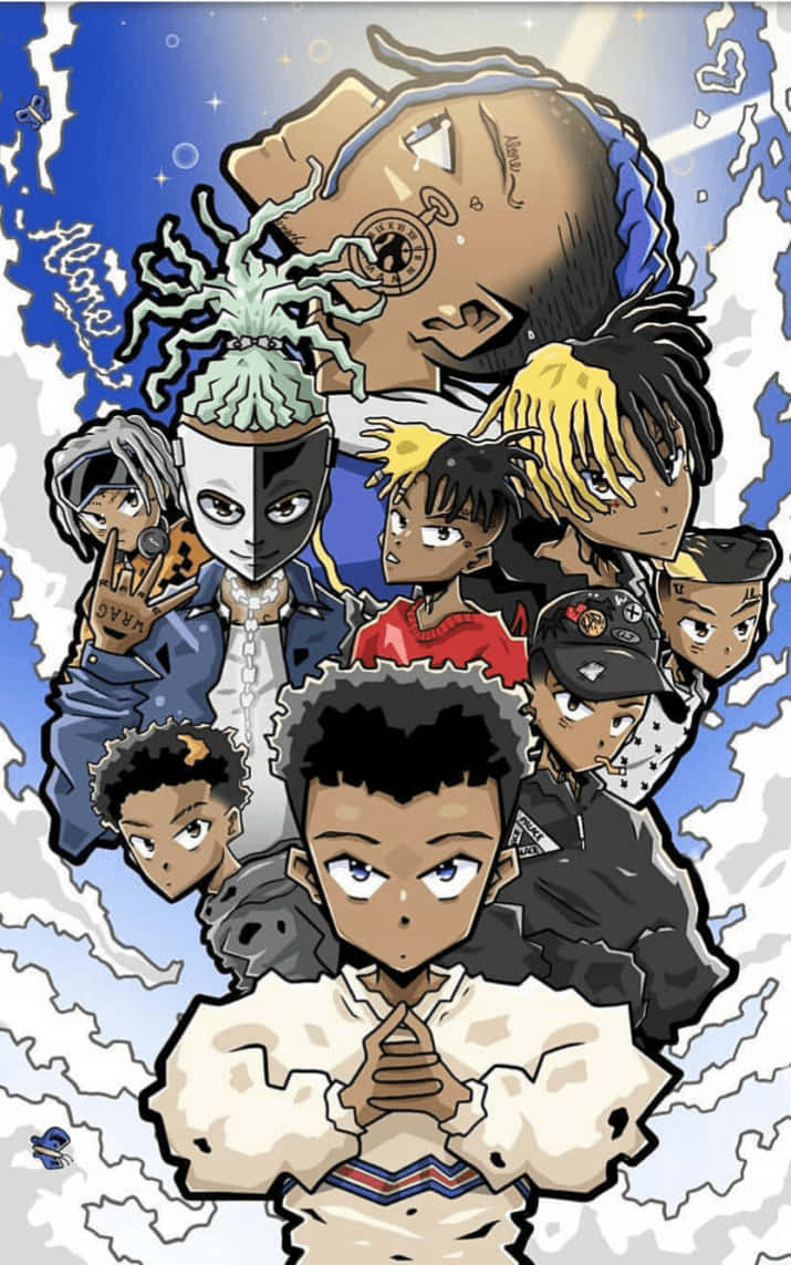 Juice Wrld, anime-style illustration, cosmic blue and white background, SD Phone Wallpaper