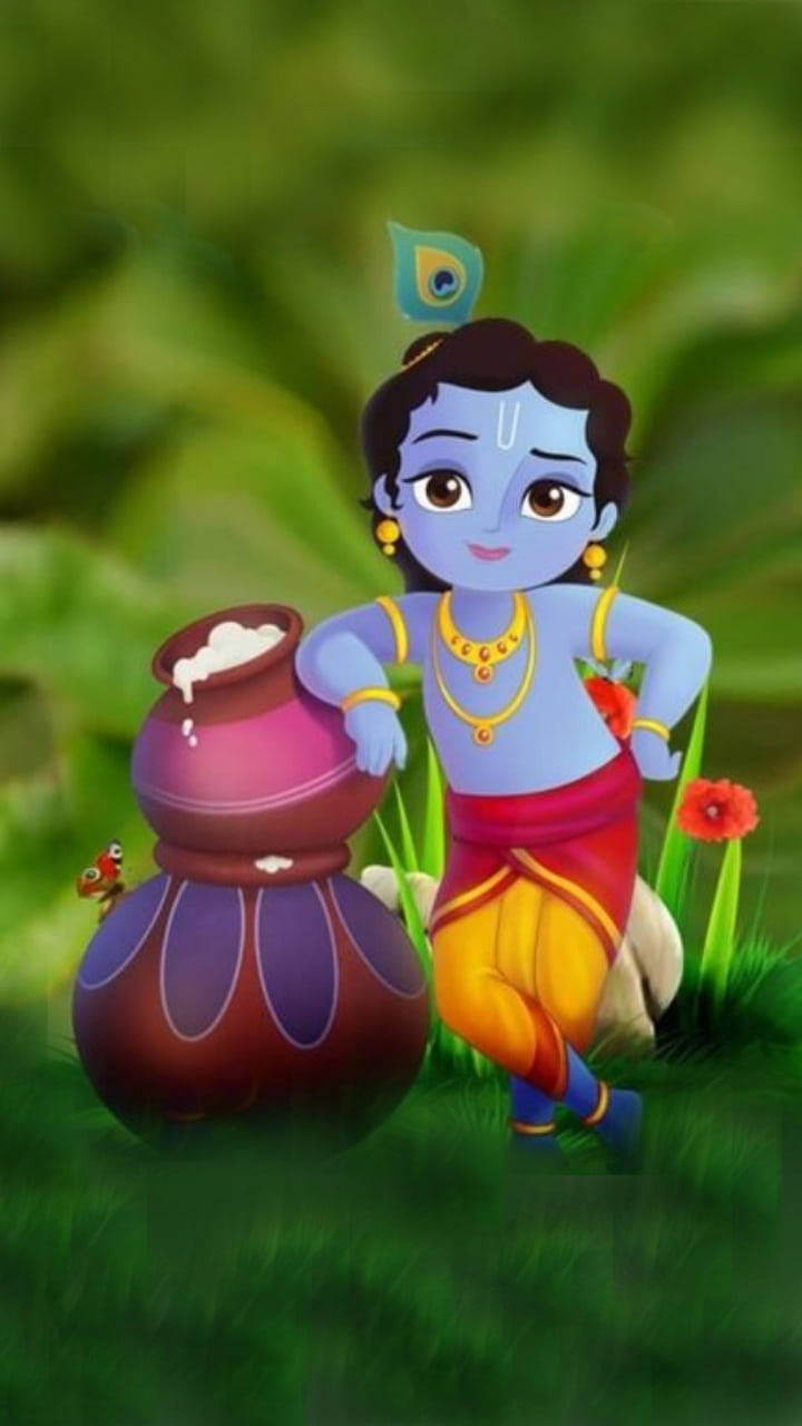 Animated Krishna, blue body, peacock feather crown, HD Phone Wallpaper