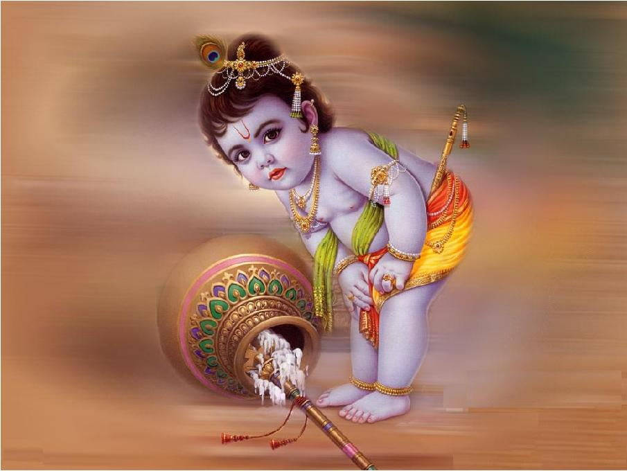 Animated Krishna, peacock feather crown, flute, SD Desktop Wallpaper