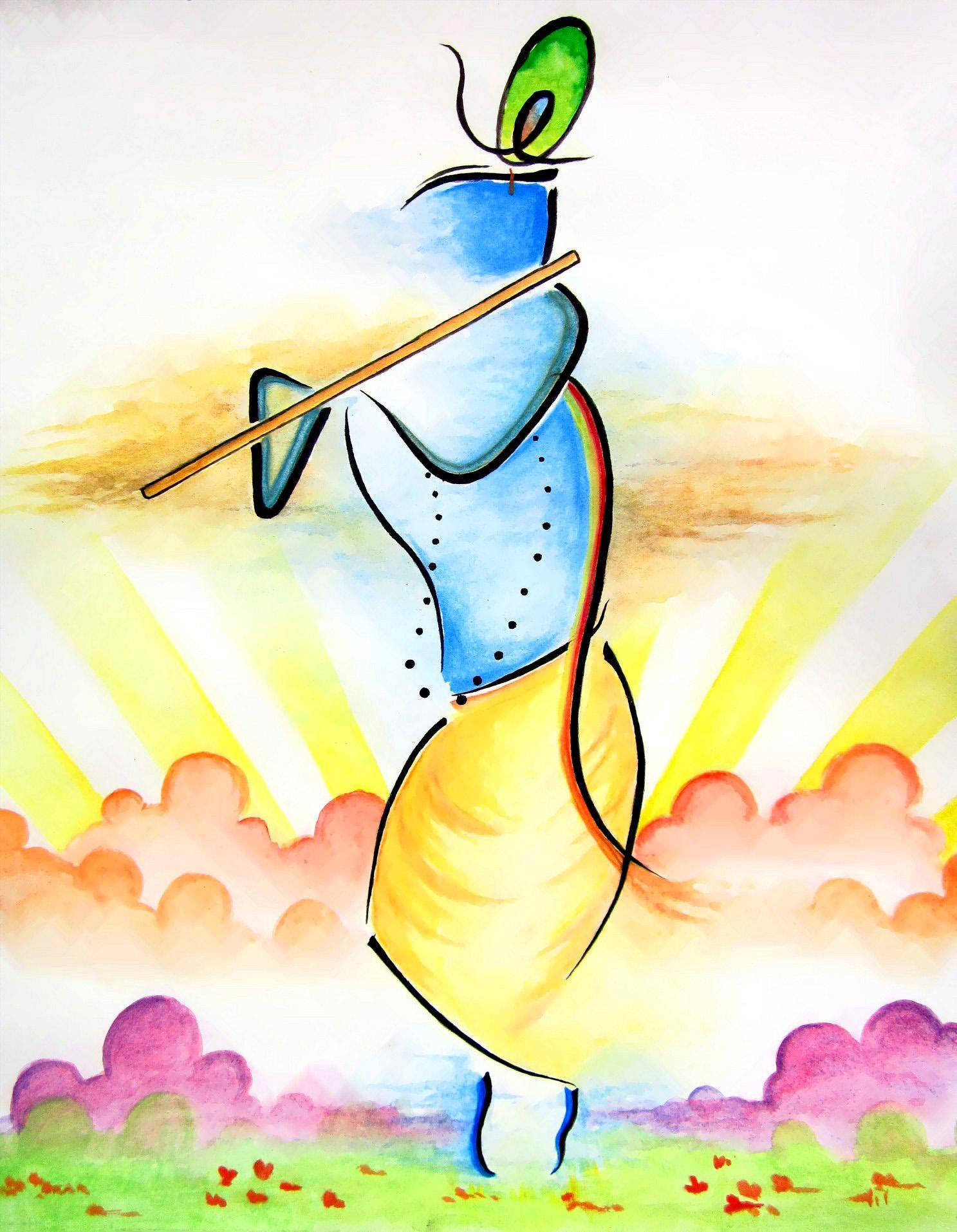 Animated Krishna, blue and yellow figure, flute, HD Phone Wallpaper