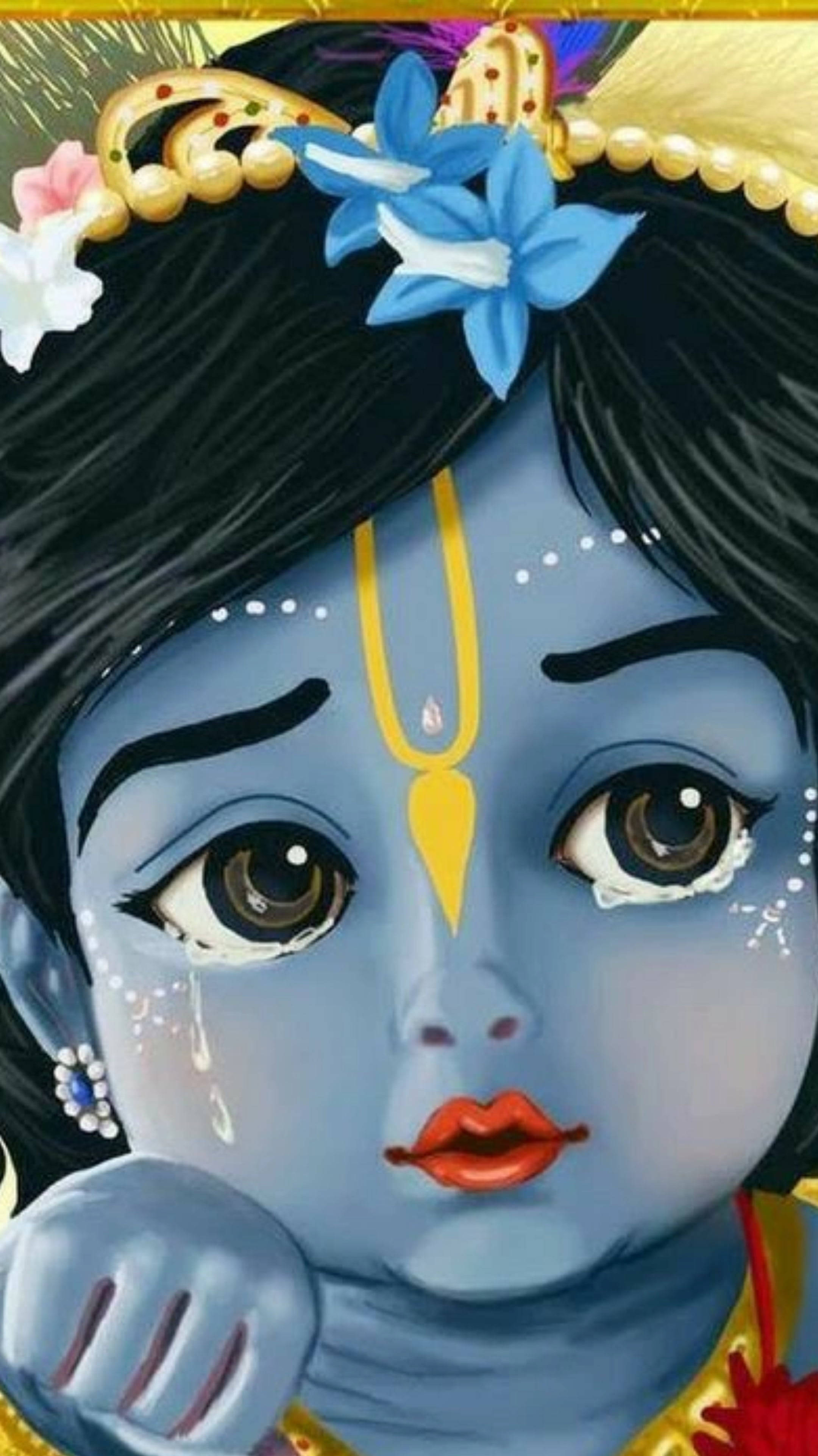 Animated Krishna, blue-skinned deity, tearful eyes, 4K Phone Wallpaper