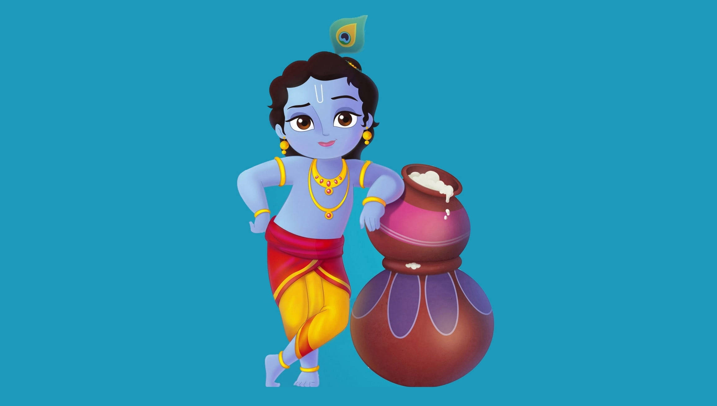 Animated Krishna, blue-skinned, peacock feather crown, Full HD Desktop Wallpaper