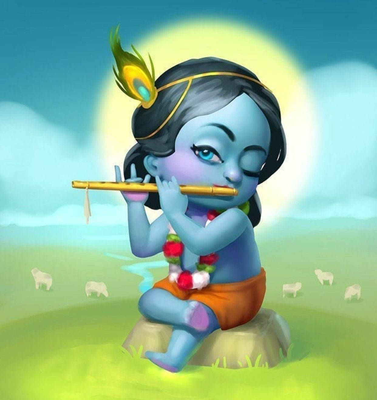 Animated Krishna, blue-skinned child, peacock feather crown, HD Phone Wallpaper