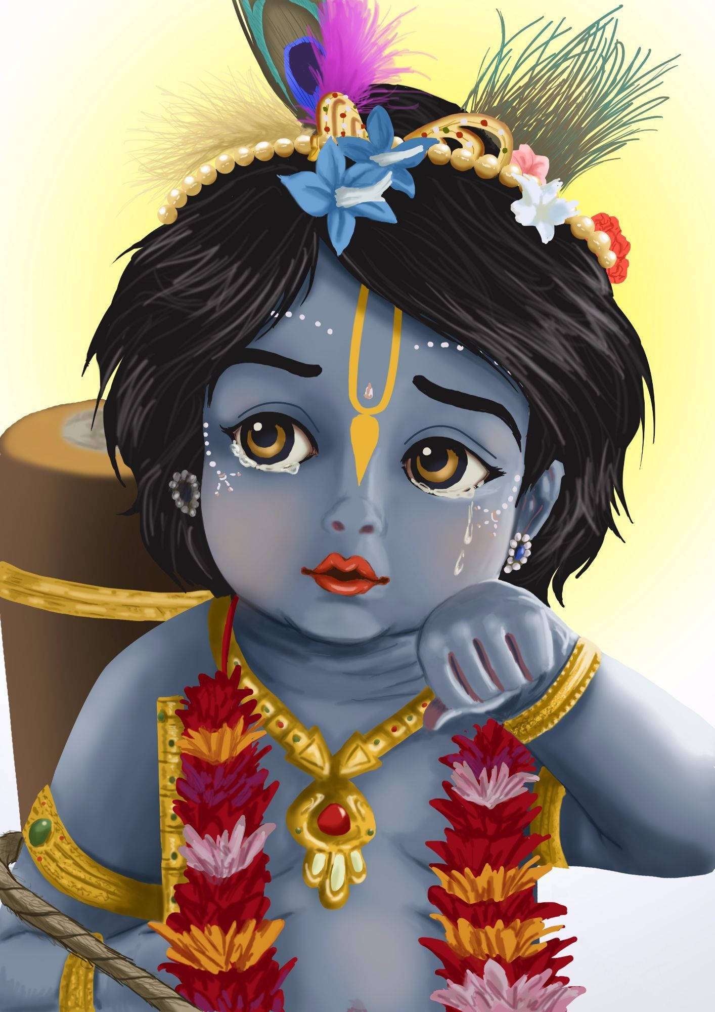 Animated Krishna, blue-skinned, golden ornaments, Full HD Phone Wallpaper