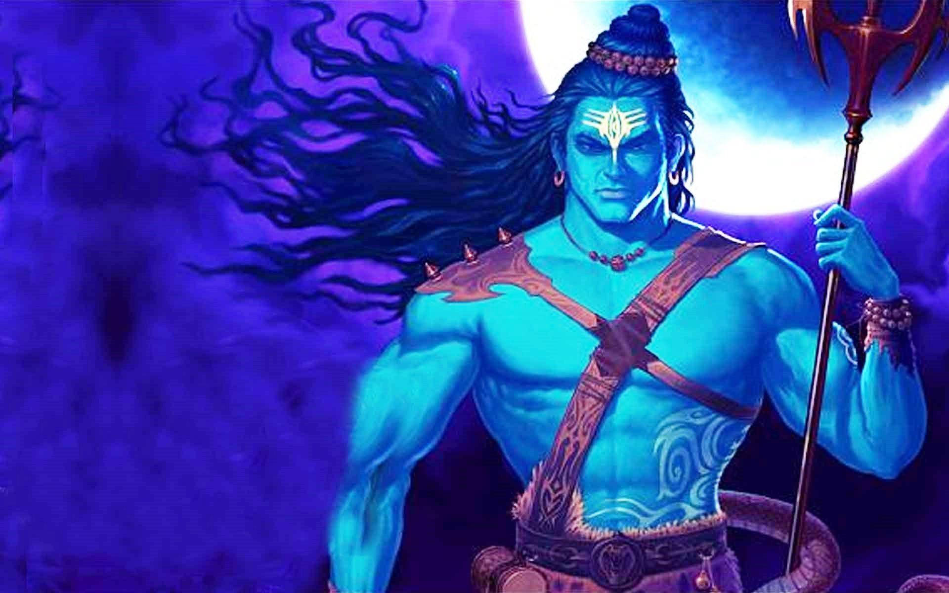 Animated Krishna, blue-skinned, trident, Full HD Desktop Wallpaper