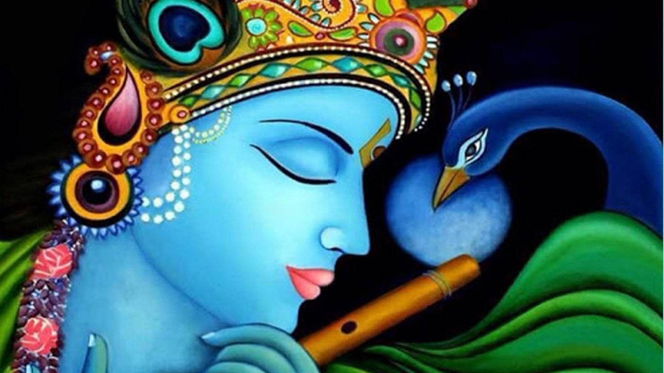 Animated Krishna, peacock, blue-skinned deity, HD Desktop Wallpaper