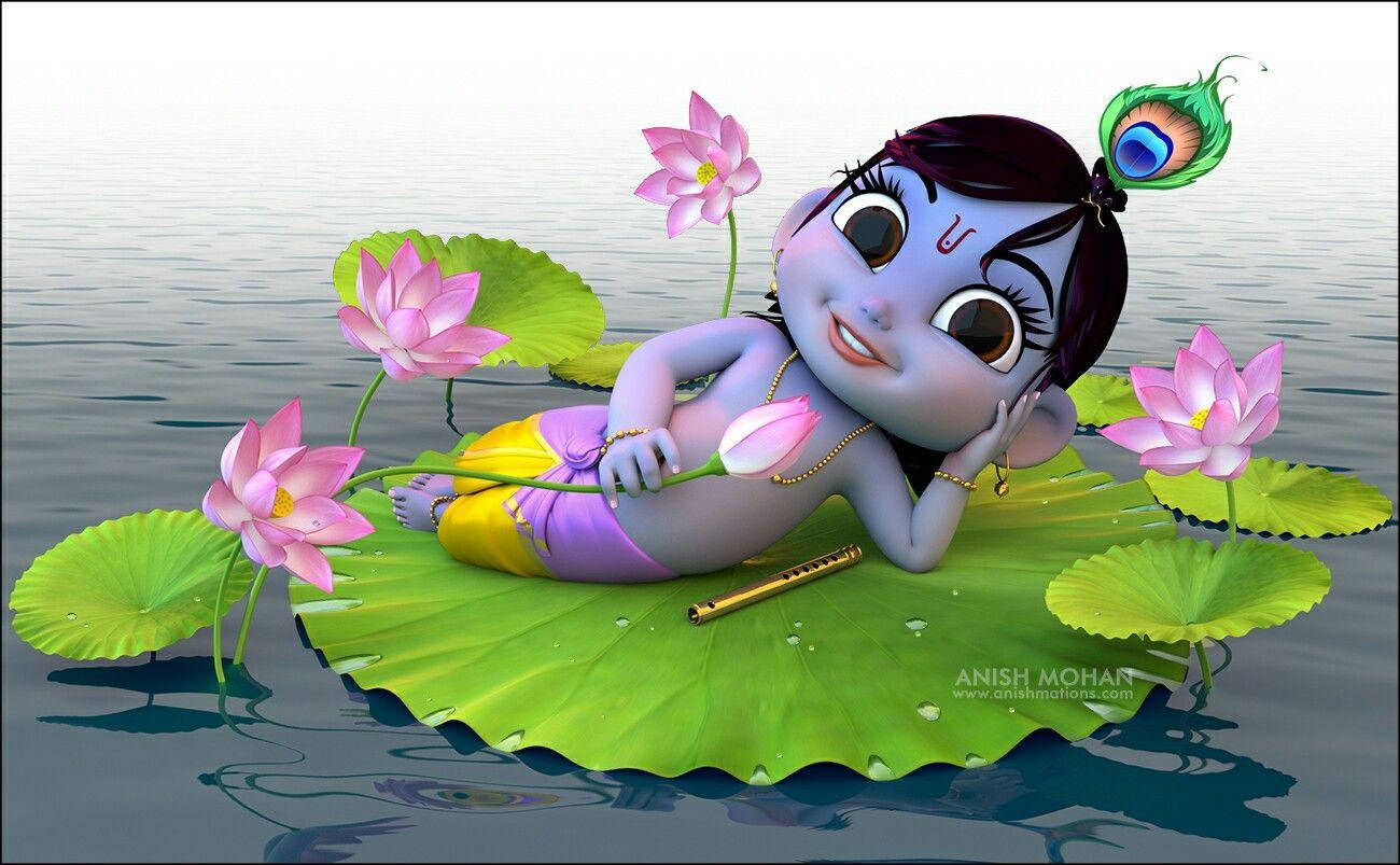 Animated Krishna, lotus, giant green lily pad, HD Desktop Wallpaper