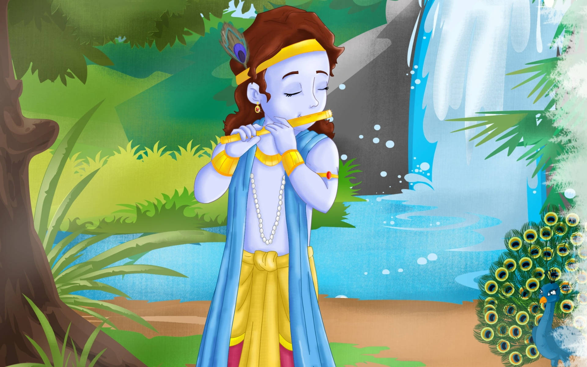 Animated Cartoon Krishna, blue-skinned deity, flute, Full HD Desktop Wallpaper