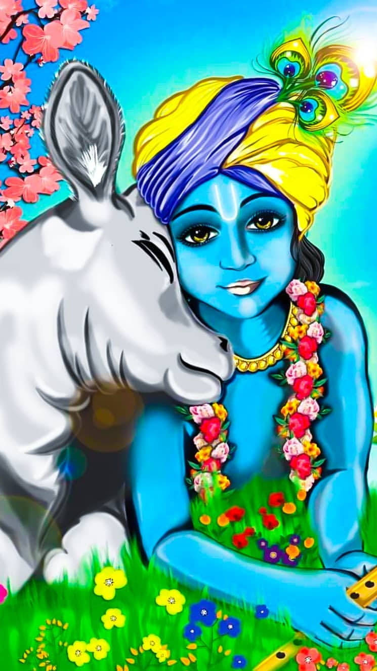 Animated Krishna, blue-skinned deity, yellow turban, HD Phone Wallpaper