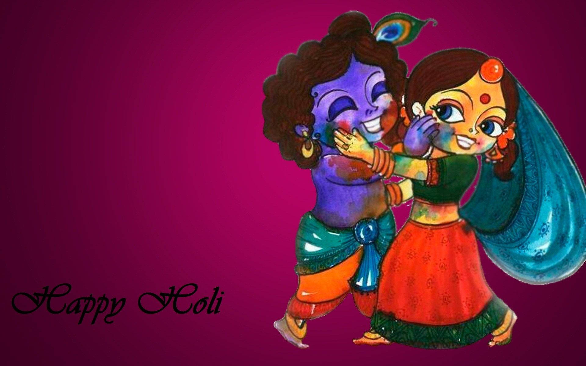 Animated Krishna, colorful powder, deep magenta background, Full HD Desktop Wallpaper