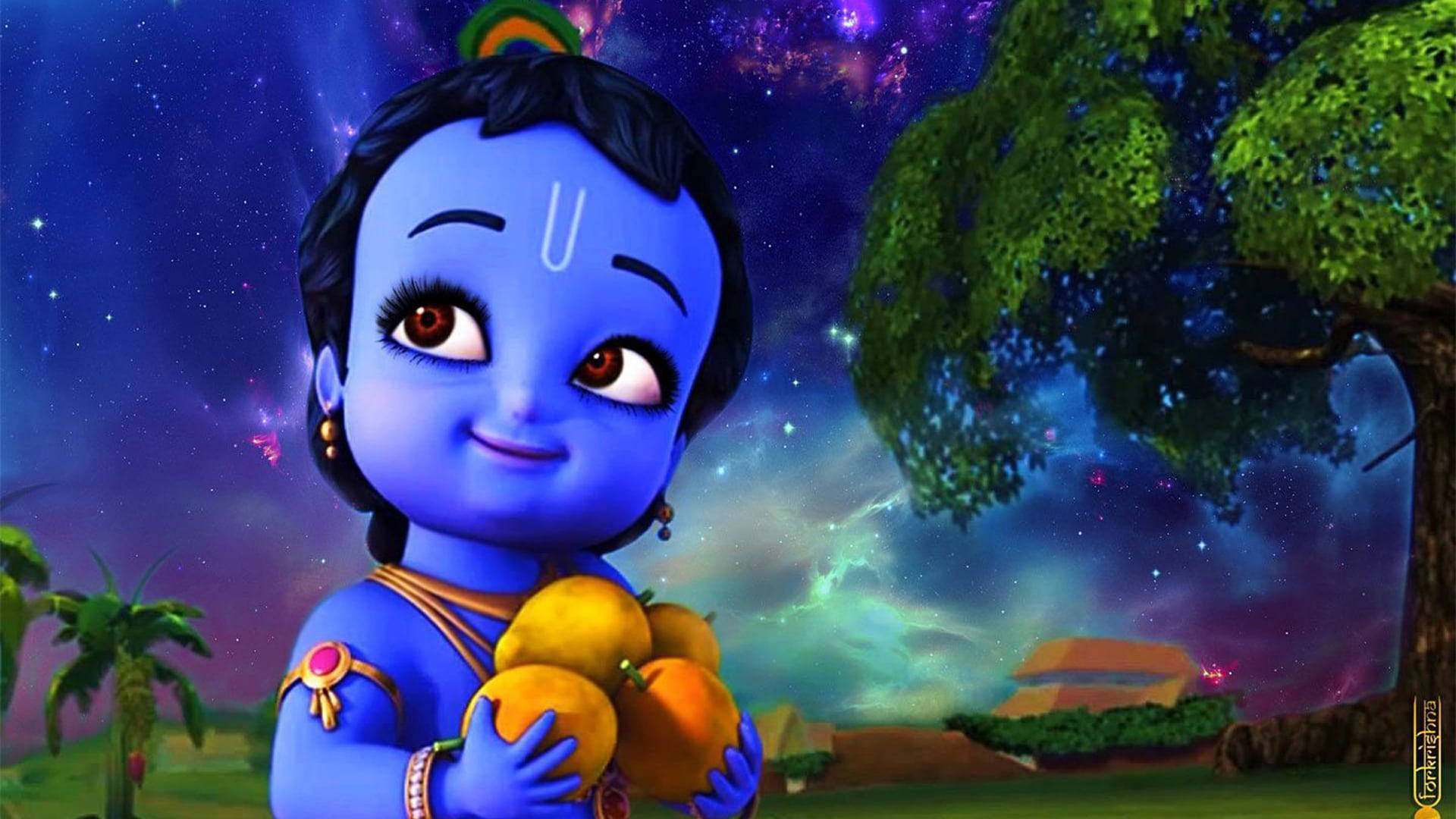 Animated Krishna, blue-skinned, peacock feather crown, Full HD Desktop Wallpaper