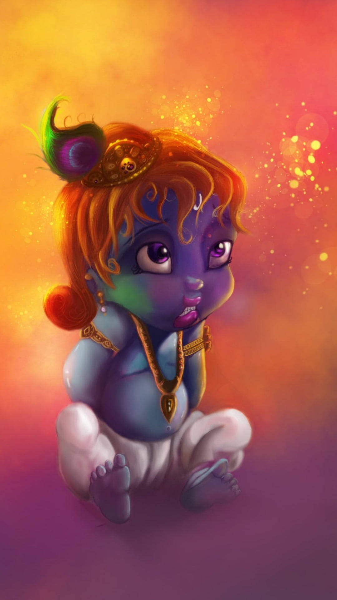 Animated Krishna, blue-skinned, golden jewelry, Full HD Phone Wallpaper