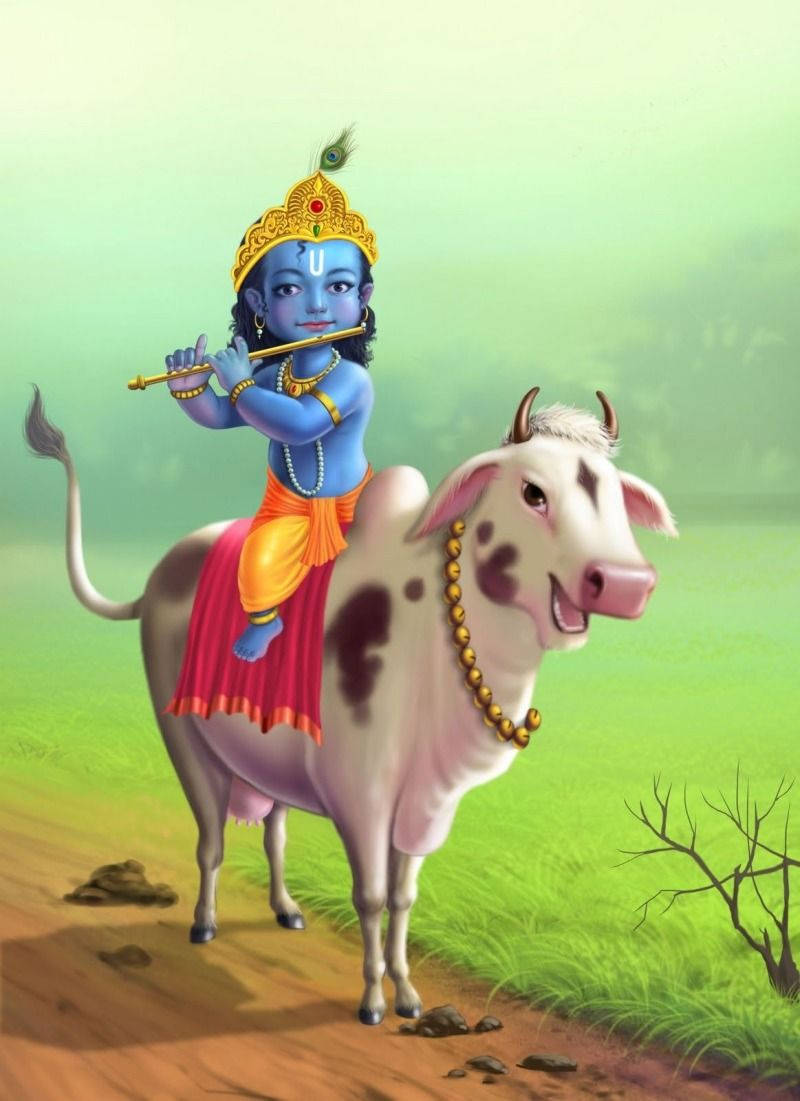 Animated Krishna, blue-skinned child god, decorated cow, SD Phone Wallpaper