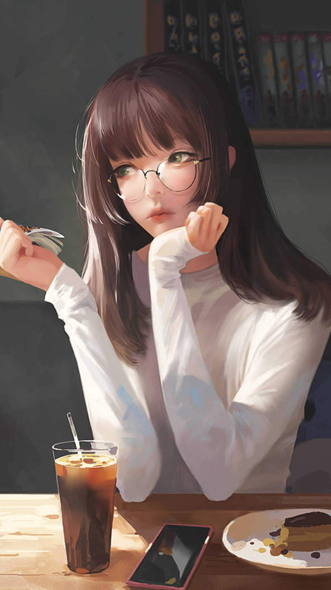 anime girl, iced coffee, wooden table, Full HD Phone Wallpaper