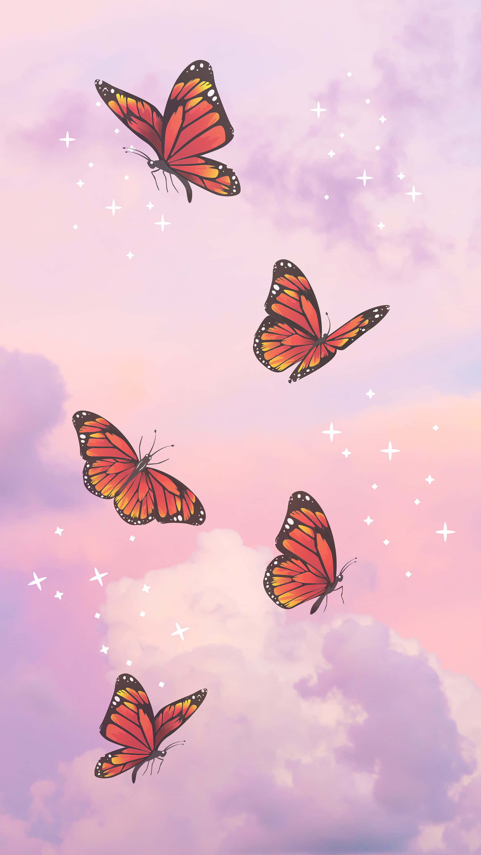 monarch butterflies, pastel pink and purple sky, sparkling stars, 2K Phone Wallpaper