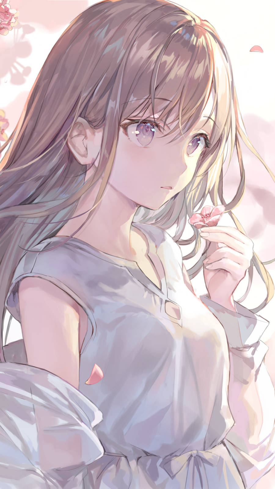 anime girl, long brown hair, cherry blossom, HD Phone Wallpaper