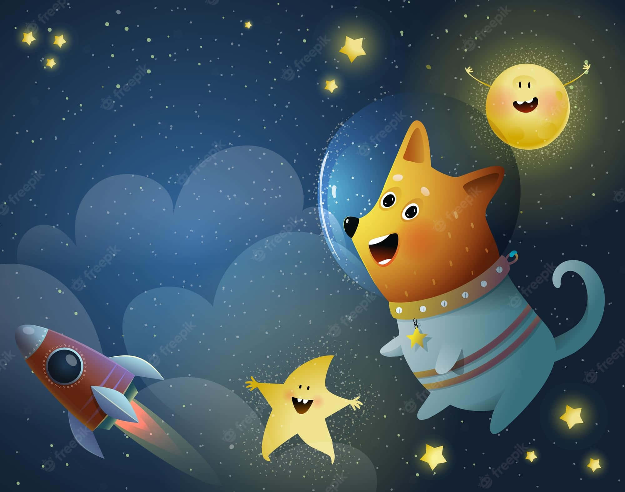 Animated Space, cartoon dog, space suit, Full HD Desktop Wallpaper