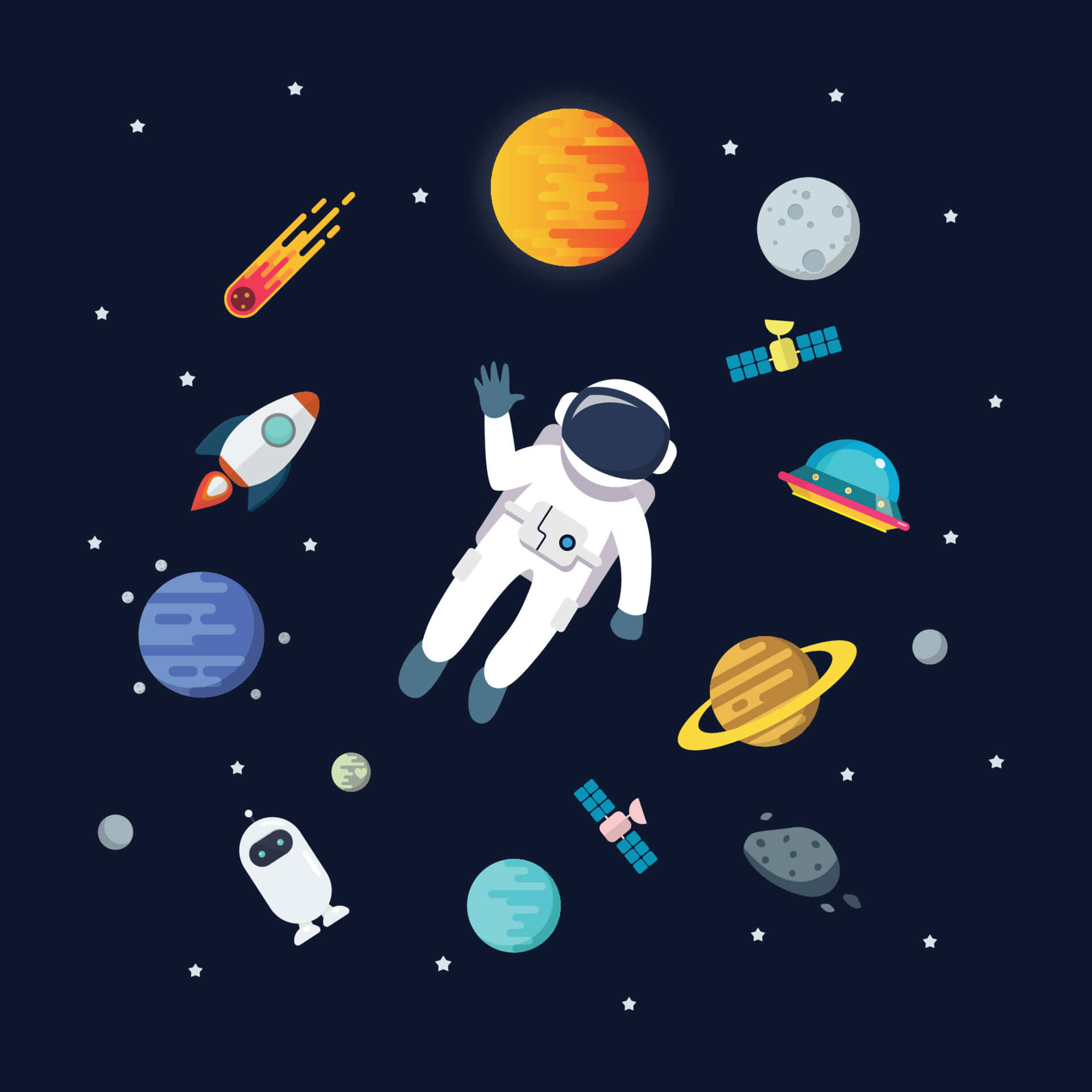 Animated Space, cartoon astronaut, colorful planets, Full HD Desktop Wallpaper